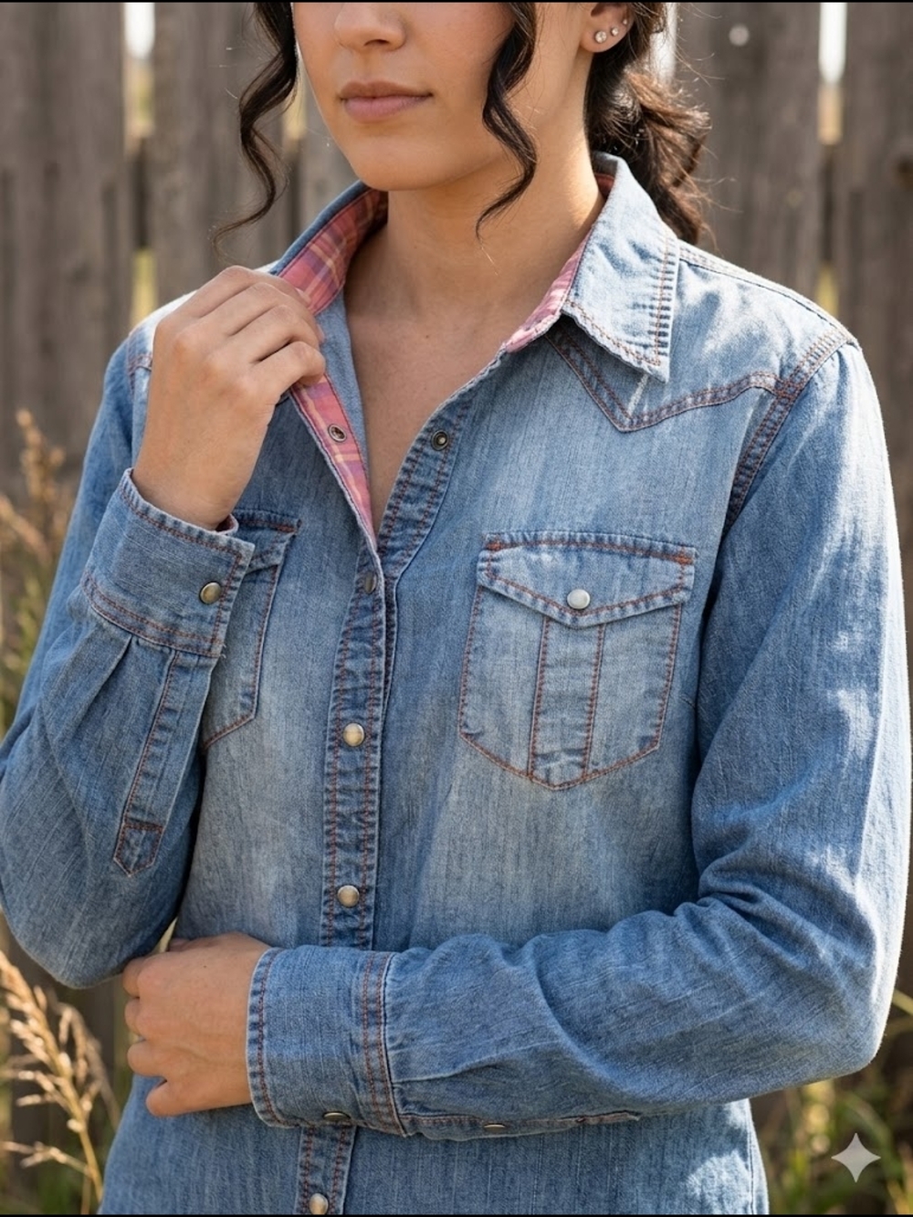 Cowboy Up Women’s Distressed Western Denim Snap Front Shirt